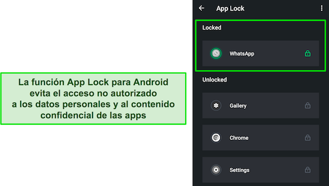 Captura de pantalla de App Lock de TotalAV bloqueando WhatsApp