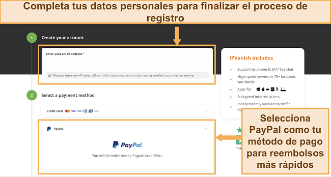 Captura de pantalla de la página de suscripción de IPVanish con PayPal seleccionado como método de pago.