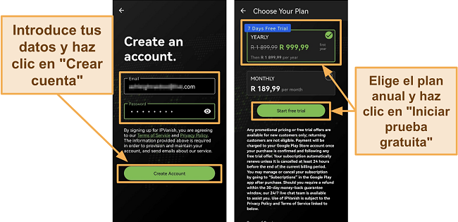 Captura de pantalla de la aplicación IPVanish en Android mostrando los detalles de la nueva cuenta y la suscripción anual con prueba gratuita de 7 días en un teléfono Huawei