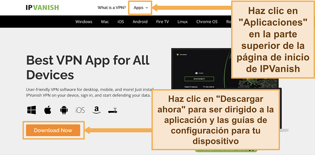 Screenshot of IPVanish's website showing where to download apps on a PC browser