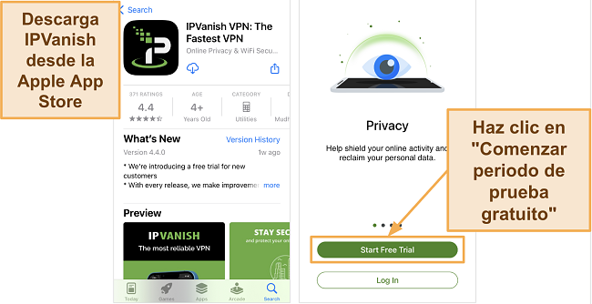 Captura de pantalla de la descarga de la aplicación IPVanish en la App Store de Apple y el botón de Prueba Gratuita en un iPhone