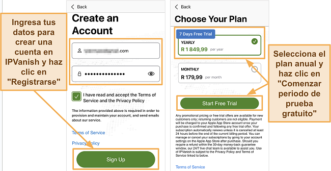 Captura de pantalla de la aplicación IPVanish en iOS mostrando los detalles de la nueva cuenta y la suscripción anual con prueba gratuita de 7 días en un iPhone