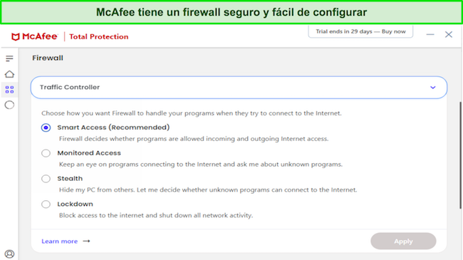 Captura de pantalla de la configuración del controlador de tráfico del cortafuegos de McAfee