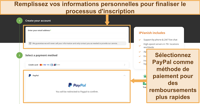 Capture d'écran de la page d'abonnement d'IPVanish avec PayPal comme méthode de paiement choisie