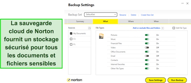 Capture d'écran montrant les paramètres de stockage cloud de Norton