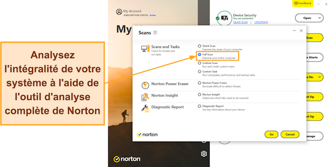 Capture d'écran montrant les options d'analyse disponibles dans Norton