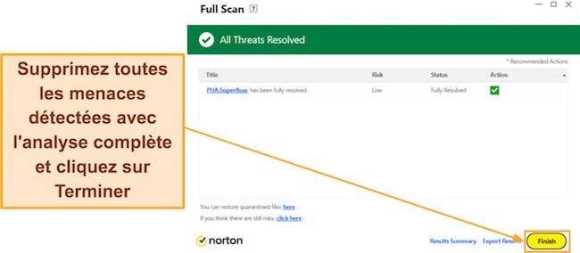 Capture d'écran montrant les résultats de Norton après avoir terminé une analyse complète