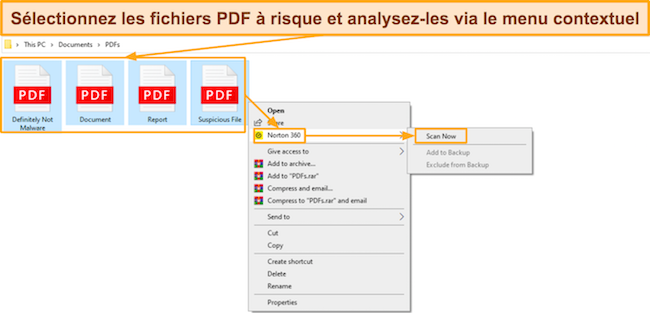 Capture d'écran montrant comment numériser des fichiers PDF avec Norton à l'aide du menu contextuel