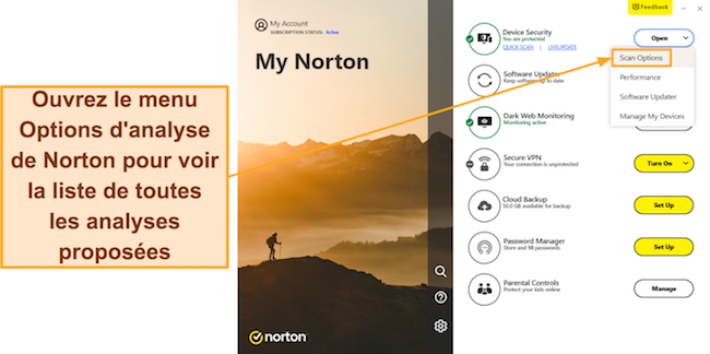 Capture d'écran montrant comment accéder aux options d'analyse de Norton