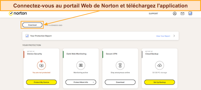 Capture d'écran montrant l'option de téléchargement dans le portail Web de Norton