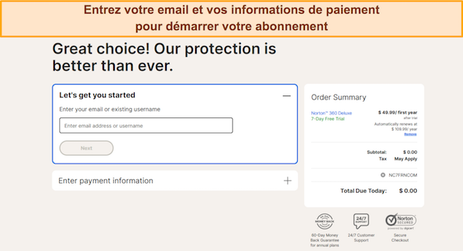 Capture d'écran montrant comment s'abonner à Norton après avoir choisi un forfait