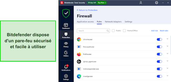 L'interface du pare-feu de Bitdefender