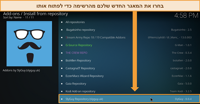 מסמך מסך של רשימת מאגרי הספריות שהורדו ב-Kodi, עם הספרייה של Slyguy מודגשת.