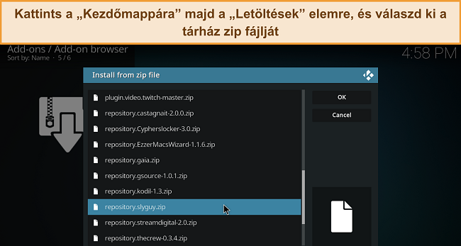 Képernyőfotó a Kodi telepítés zip fájlból menüjéről, kiemelve egy letöltött tároló zip fájlt.