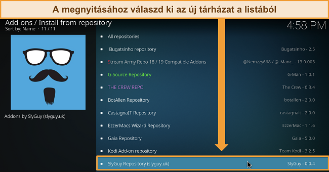 Képernyőfotó a Kodi letöltött tárolóinak listájáról, kiemelve a Slyguy tárolót.
