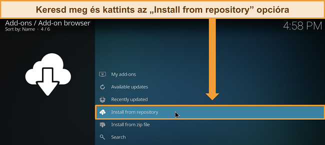 Képernyőfotó a Kodi kiegészítők beállításainak oldaláról, kiemelve az 