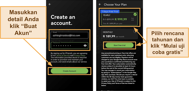 Screenshot aplikasi IPVanish Android menunjukkan detail akun baru dan langganan tahunan dengan uji coba gratis 7 hari di ponsel Huawei