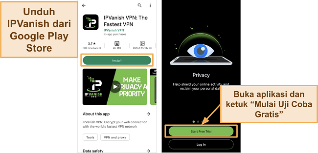 Screenshot pengunduhan aplikasi IPVanish Android di Google Play Store dan tombol Uji Coba Gratis di ponsel Huawei