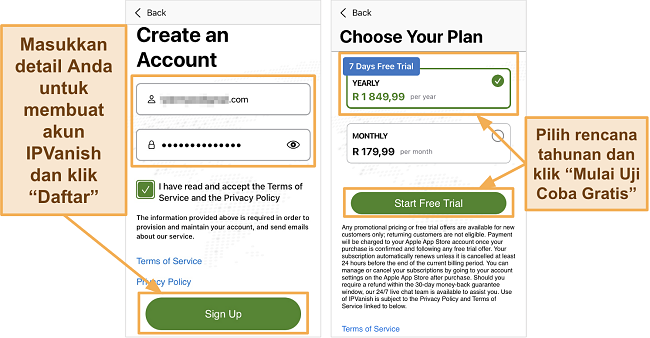 Screenshot aplikasi IPVanish iOS menunjukkan detail akun baru dan langganan tahunan dengan uji coba gratis 7 hari di iPhone