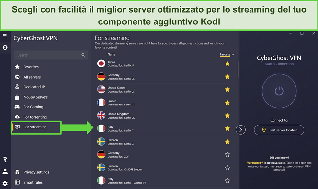 Screenshot dell'applicazione Windows di CyberGhost che mostra i server ottimizzati 