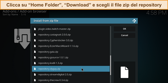 SSchermata del menu di installazione da file zip di Kodi con un file zip del repository scaricato evidenziato.
