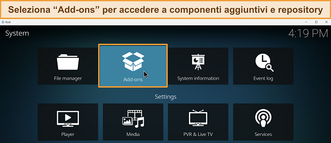 Schermata del menu delle impostazioni di Kodi con l'opzione Componenti aggiuntivi evidenziata.