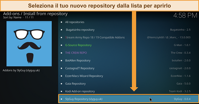 SSchermata dell'elenco dei repository scaricati di Kodi, con il repository Slyguy evidenziato.