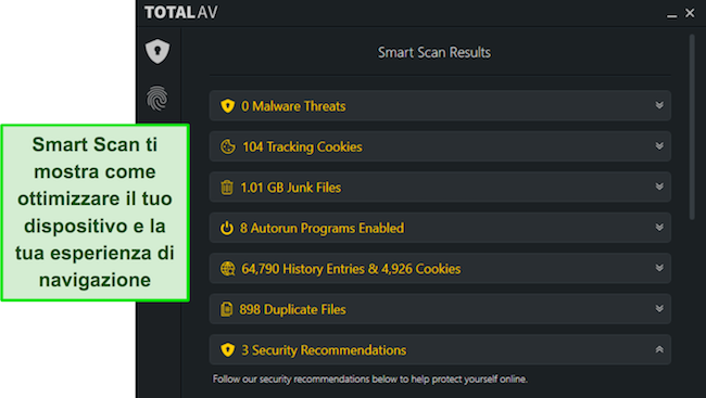 Screenshot dell'estensione del browser Norton Safe Web che blocca un sito Web dannoso Screenshot della scansione intelligente di TotalAV che identifica i problemi di ottimizzazione Screenshot di App Lock di TotalAV che blocca WhatsApp