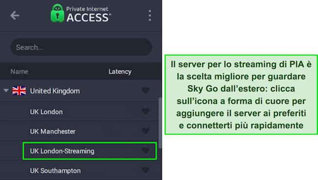 L'app per Windows di PIA che mostra il server di streaming ottimizzato per il Regno Unito.