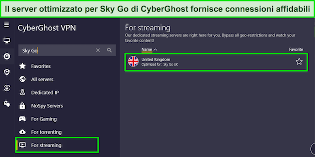 L'app Windows di CyberGhost che mostra il menu 