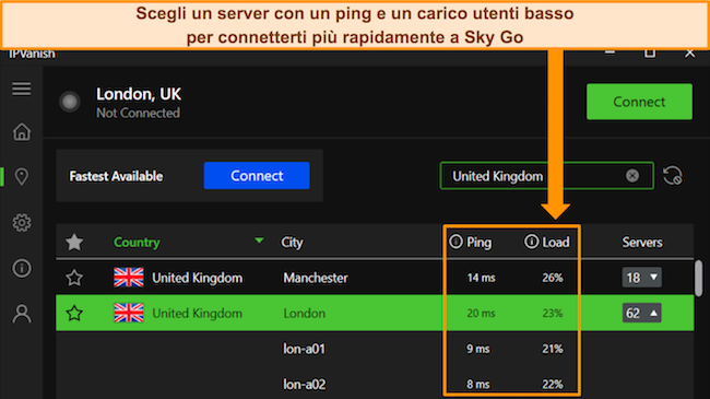 L'app per Windows di IPVanish, che evidenzia i dettagli del ping e del caricamento dell'utente per i server del Regno Unito.