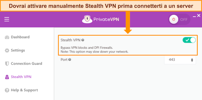L'app per Windows di PrivateVPN, che mostra le impostazioni di Stealth VPN.