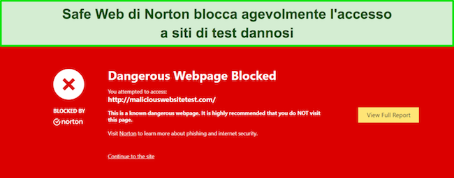 Screenshot dell'estensione del browser Norton Safe Web che blocca un sito Web dannoso
