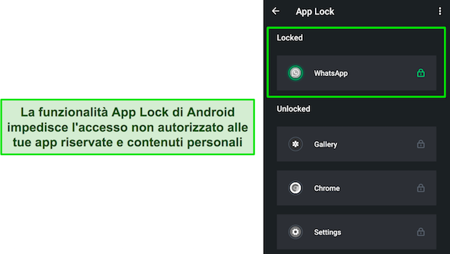 Screenshot di App Lock di TotalAV che blocca WhatsApp