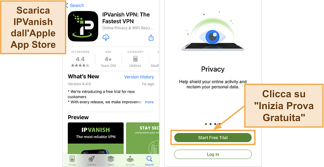 Screenshot del download dell'app IPVanish nell'Apple App Store e del pulsante Prova Gratuita su iPhone