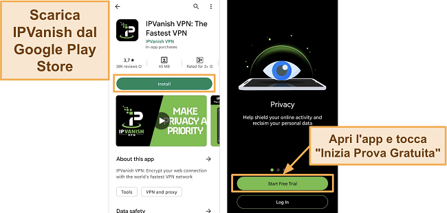 Screenshot del download dell'app IPVanish nel Google Play Store e del pulsante 'Inizia prova gratuita' su un telefono Huawei