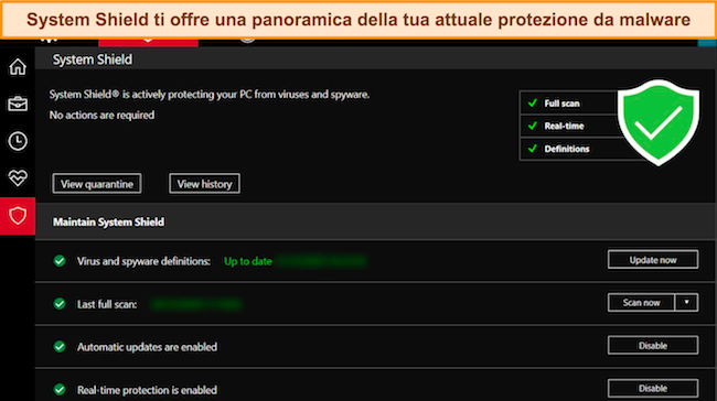 Screenshot della panoramica di System Shield di iolo sull'attuale protezione da malware