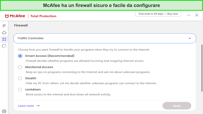 Screenshot delle impostazioni del controller del traffico del firewall di McAfee
