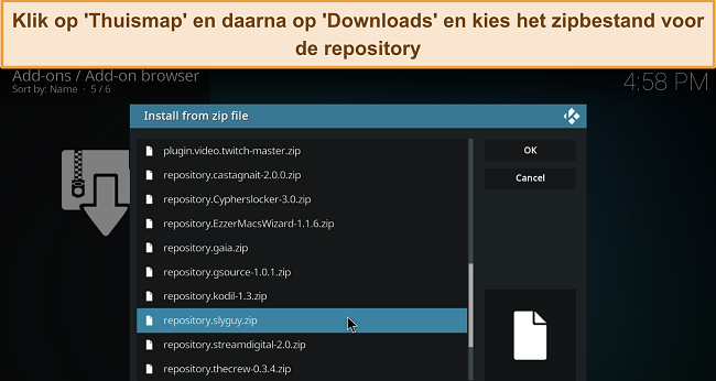 Screenshot van Kodi installeren vanuit zip-bestand menu, met een gedownloade repository zip-bestand gemarkeerd.