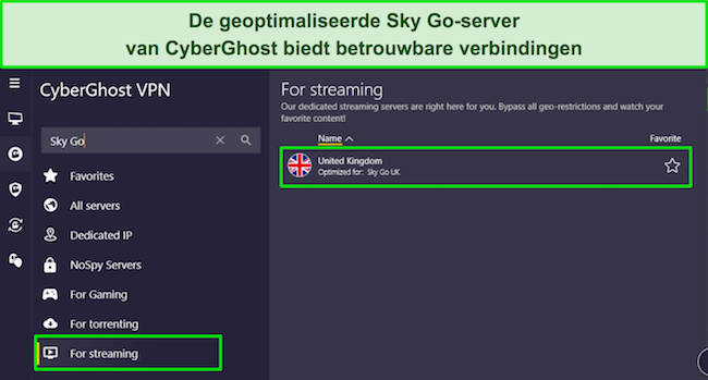 De Windows-app van CyberGhost met het menu 