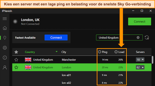 De Windows-app van IPVanish, die de details van de ping en gebruikersbelasting voor Britse servers benadrukt.
