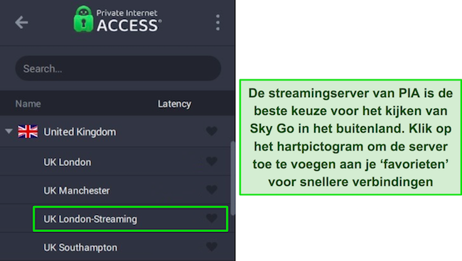 PIA's Windows-app met de geoptimaliseerde streamingserver voor het VK.