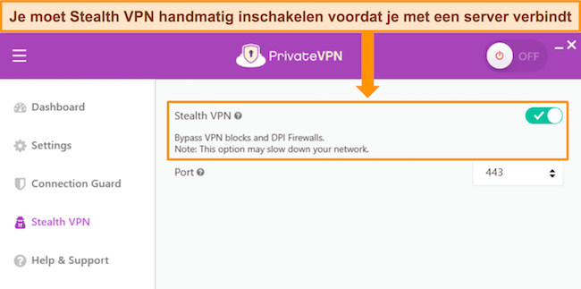De Windows-app van PrivateVPN, met de Stealth VPN-instellingen.
