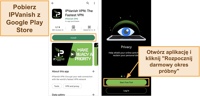 Zrzut ekranu z pobierania aplikacji IPVanish Android w Google Play Store i przyciskiem Free Trial na telefonie Huawei