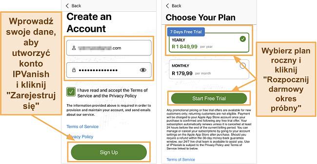 Zrzut ekranu z aplikacji IPVanish iOS pokazującej szczegóły nowego konta i roczną subskrypcję z 7-dniowym darmowym okresem próbnym na iPhone