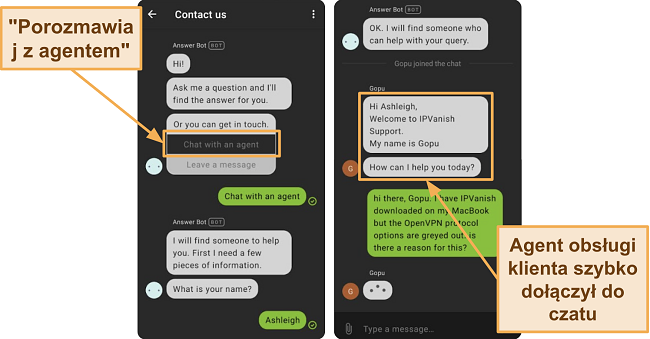Zrzut ekranu z czatem na żywo IPVanish na telefonie komórkowym