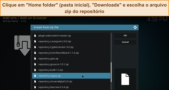 Captura de tela do menu de instalação do Kodi a partir do arquivo zip, com um arquivo zip de repositório baixado destacado.