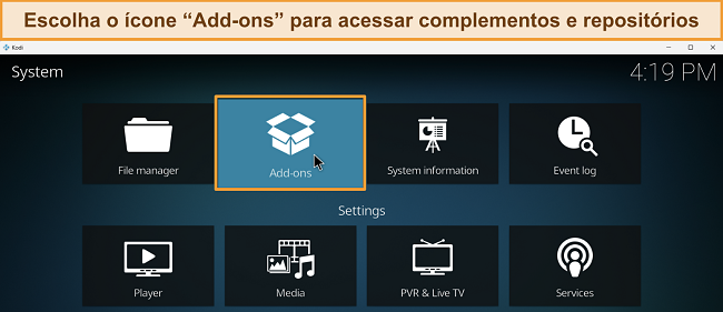Captura de tela do menu de configurações do Kodi com a opção Complementos destacada.