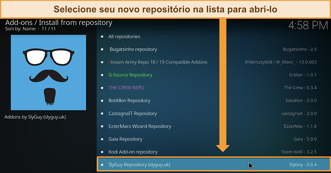 Captura de tela da lista de repositórios baixados do Kodi, destacando o repositório Slyguy.