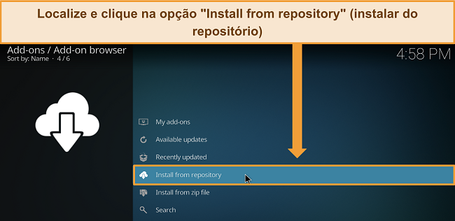 Captura de tela da página de configurações de complementos do Kodi com 